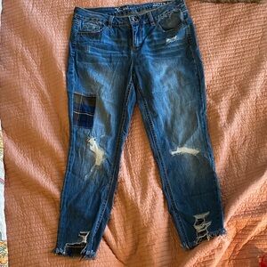 Natural Reflections Distressed Blue Skinny Jeans with Plaid Patch